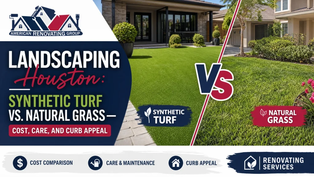 Landscaping Houston: Synthetic Turf vs. Natural Grass—Cost, Care, and Curb Appeal Landscaping Houston side-by-side view of synthetic turf and natural grass in a sunny backyard, with a drip irrigation line and basic yard maintenance tools visible
