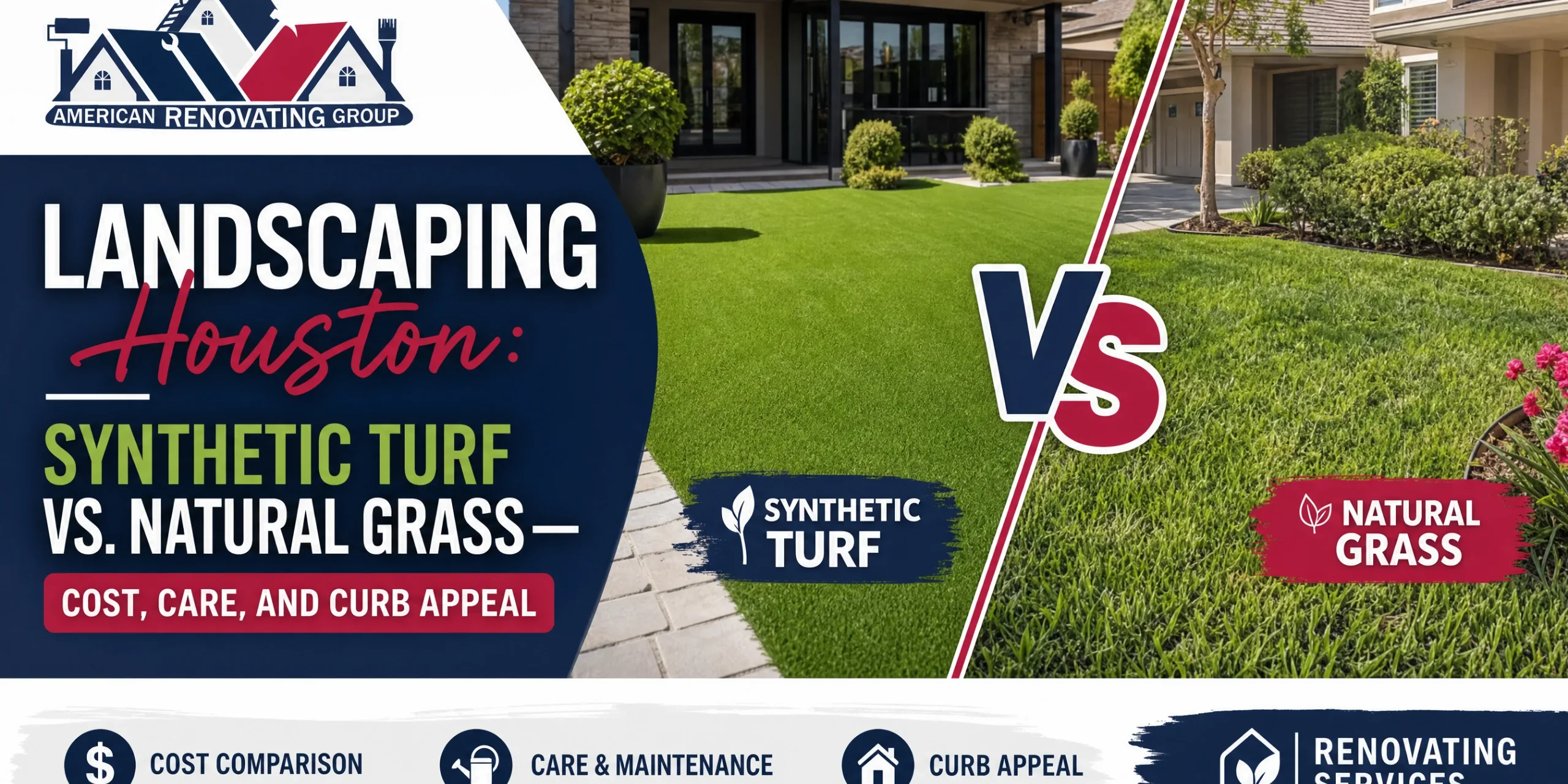 Landscaping Houston: Synthetic Turf vs. Natural Grass—Cost, Care, and Curb Appeal Landscaping Houston side-by-side view of synthetic turf and natural grass in a sunny backyard, with a drip irrigation line and basic yard maintenance tools visible