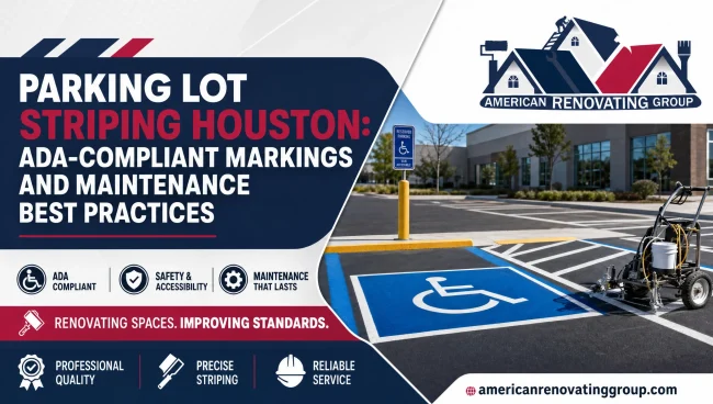 ADA‑compliant pavement markings shown during a parking lot striping Houston project at a commercial lot, highlighting accessible spaces, access aisles, and clear routes.
