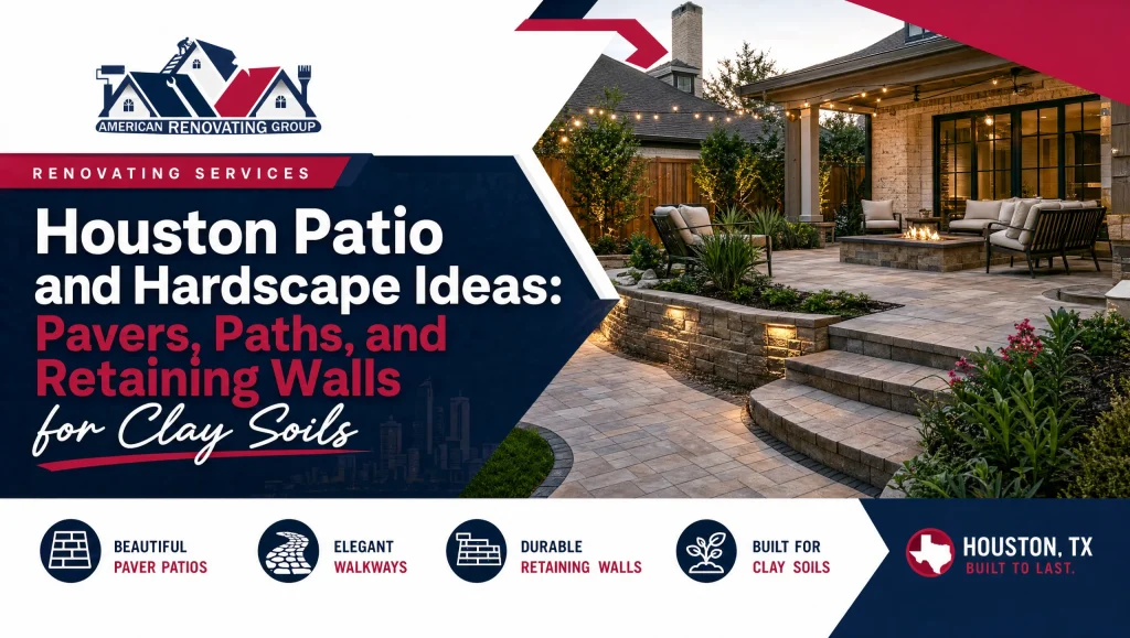 Houston patio and hardscape ideas with pavers, walkways, and retaining walls for clay soils Patio and hardscape ideas Houston: a stone paver patio with a curved walkway and low retaining wall designed for clay soils with built-in drainage
