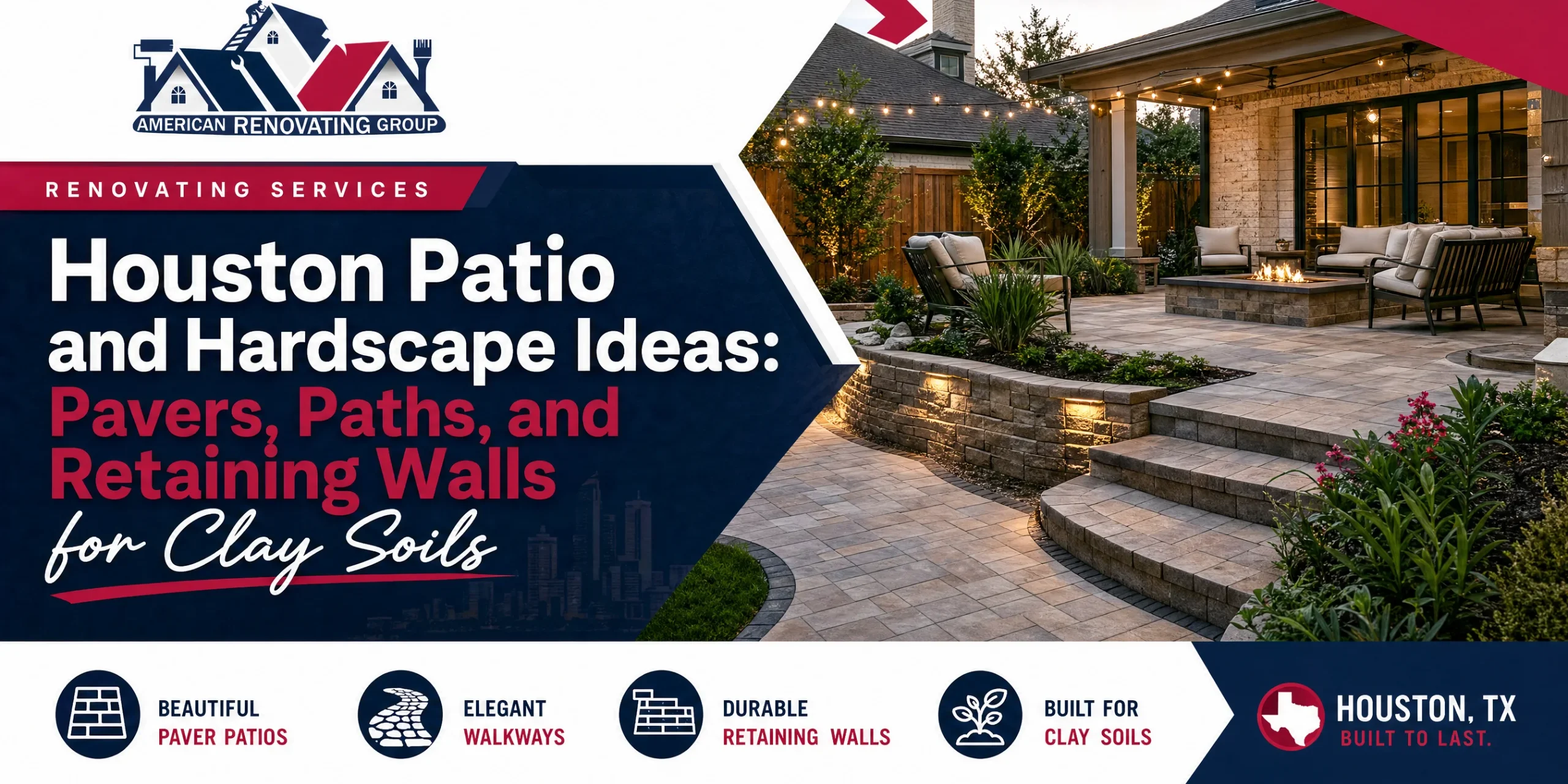 Houston patio and hardscape ideas with pavers, walkways, and retaining walls for clay soils Patio and hardscape ideas Houston: a stone paver patio with a curved walkway and low retaining wall designed for clay soils with built-in drainage