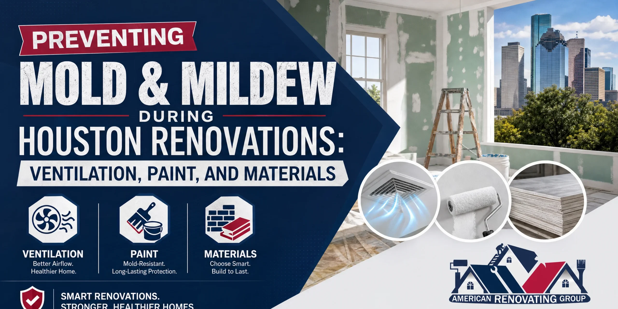 Contractor sets up a dehumidifier and exhaust fan during a Houston home remodel, preventing mold during renovations Houston with good ventilation, low-VOC paint, and moisture barriers