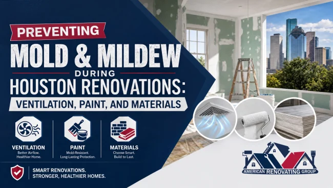 Contractor sets up a dehumidifier and exhaust fan during a Houston home remodel, preventing mold during renovations Houston with good ventilation, low-VOC paint, and moisture barriers