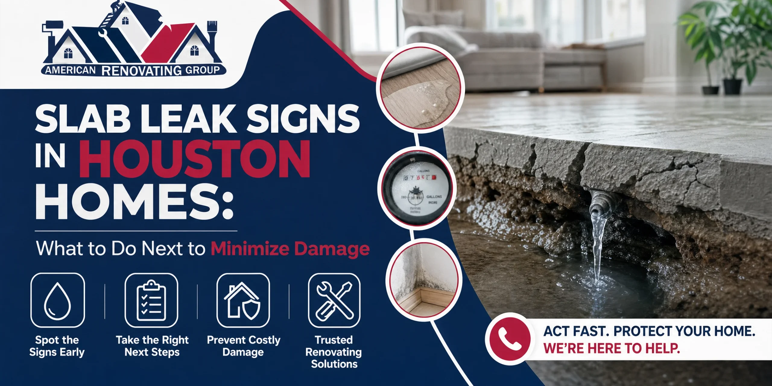 Slab Leak Signs in Houston Homes — What to Do Next | American Renovating Services Group Diagnosing a slab leak Houston: plumber checks damp floors and foundation pipes in a Houston home after a sudden high water bill