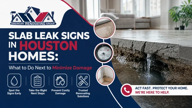 Diagnosing a slab leak Houston: plumber checks damp floors and foundation pipes in a Houston home after a sudden high water bill
