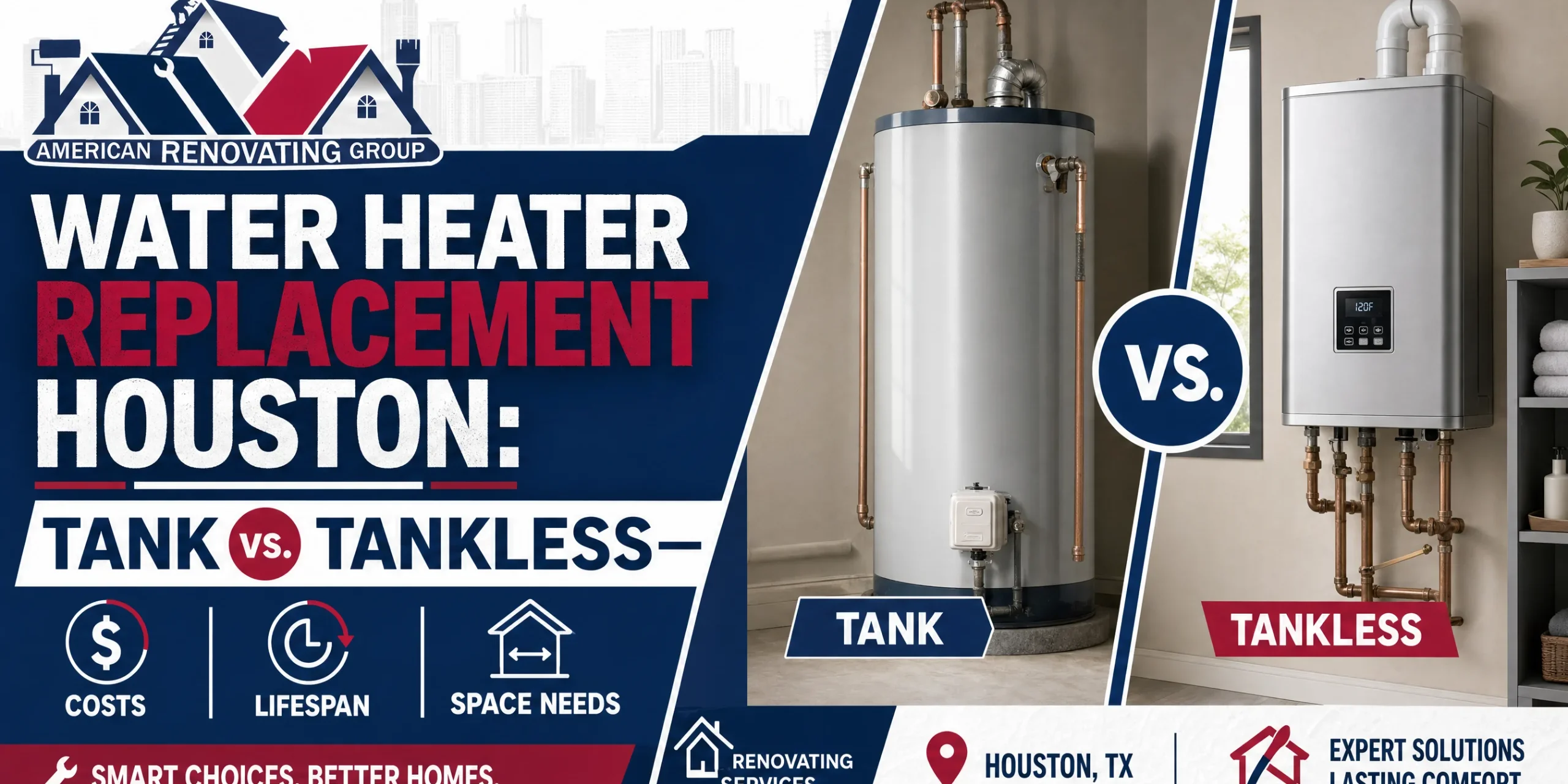 Water heater replacement Houston comparison: technician reviews tank vs. tankless units sized for a compact utility closet